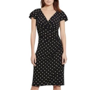 Lauren Ralph Lauren Faux Wrap Dress Size 10 Polka Dot Blue & Tan Classic Career